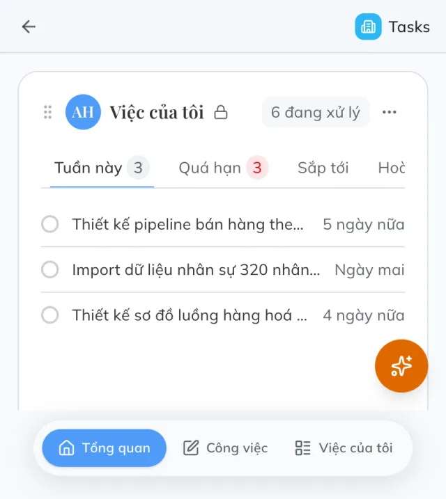 Màn hình app Optimi Work trên điện thoại: việc của tôi theo tuần, việc quá hạn và hạn chót từng việc