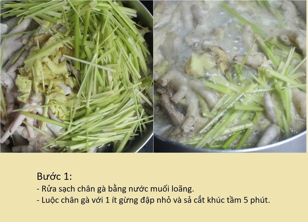 bước 1 luộc chân gà vơi gừng và sả