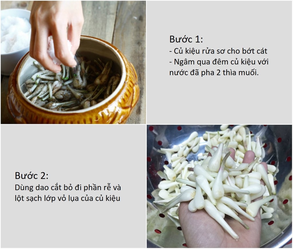 bước 1 và bước 2 để làm củ kiệu ngâm